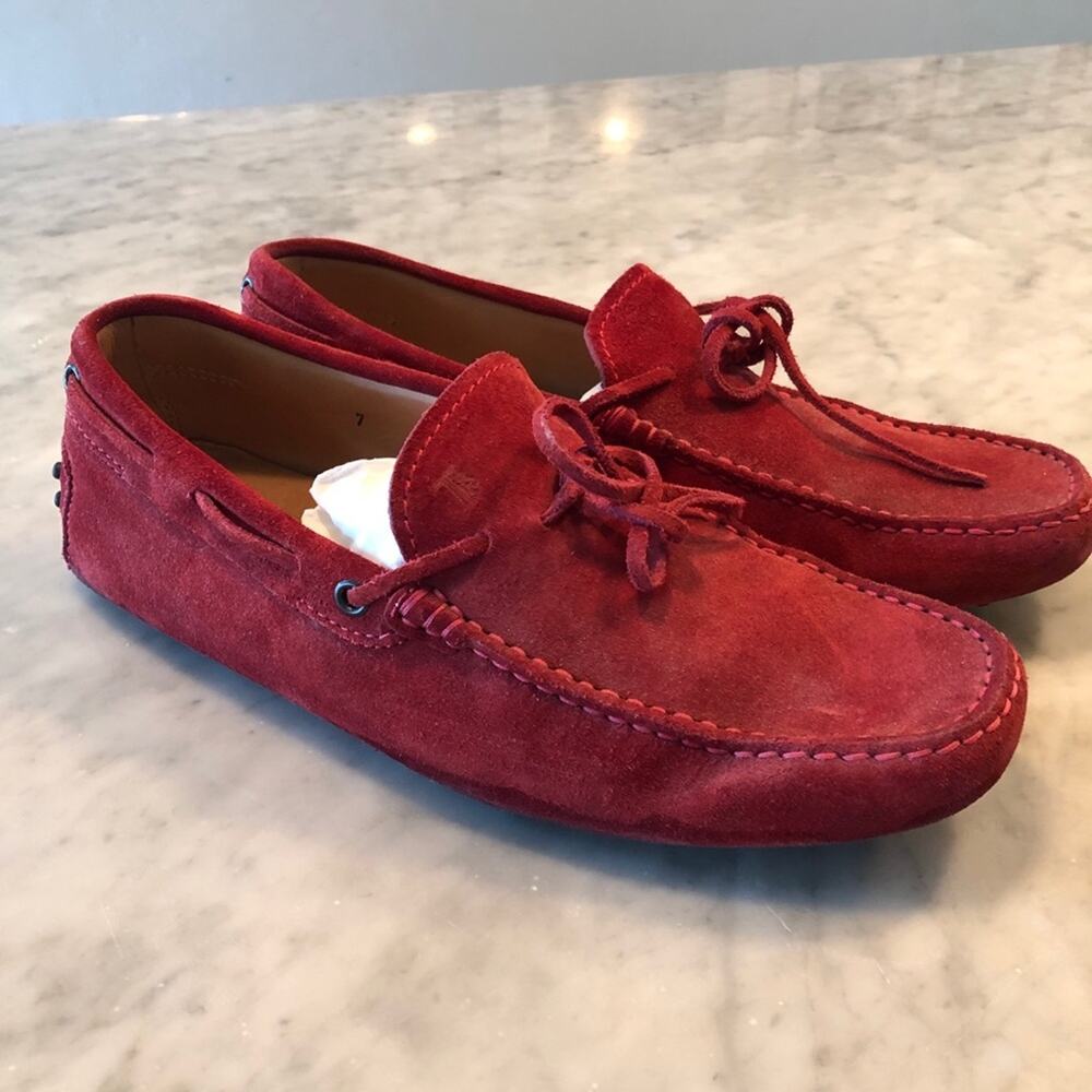 Tod’s Red Suede Loafers Driving Moc like new Size 7 Fits like 8.5